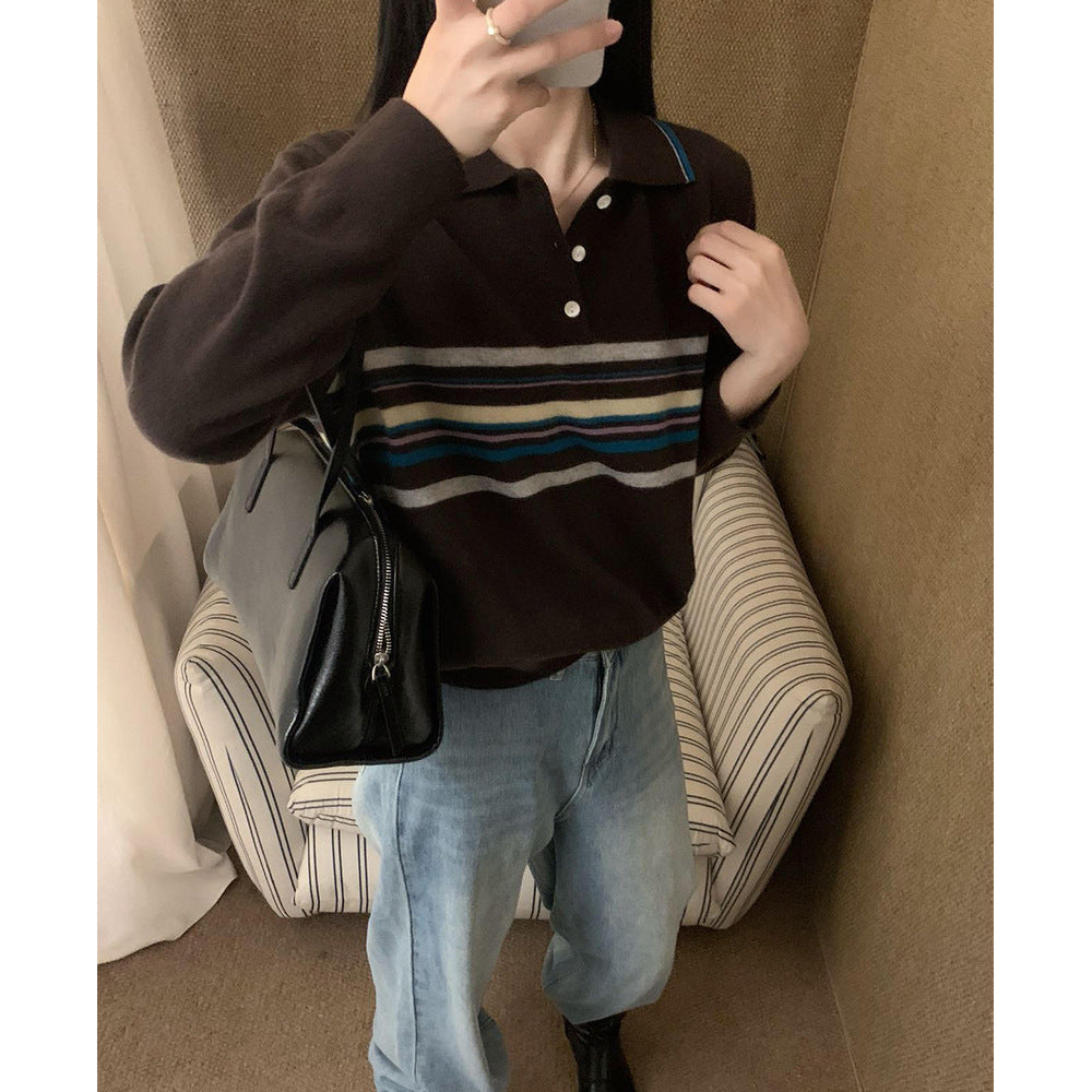 Striped Polo Collar Pullover Women's Loose Sweater
