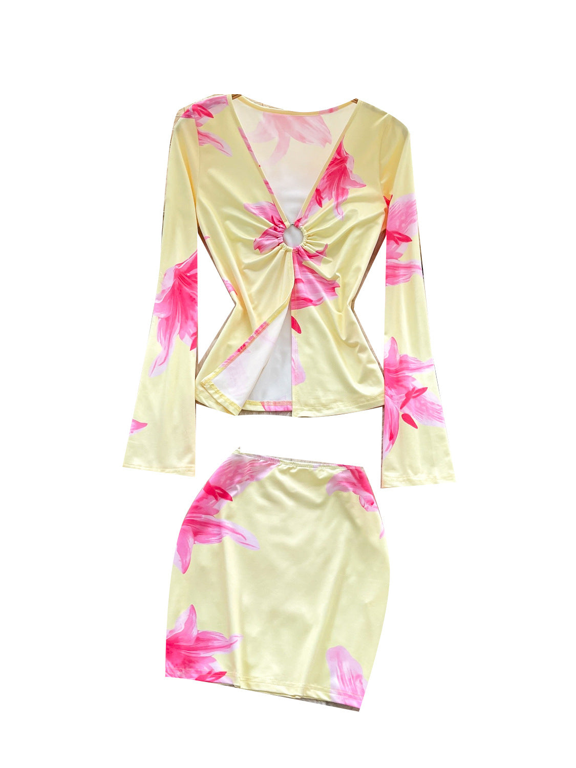 Sheer Alluring Cutout V-Neck Split-Edge Long-Sleeve Printed Top And Skirt Set