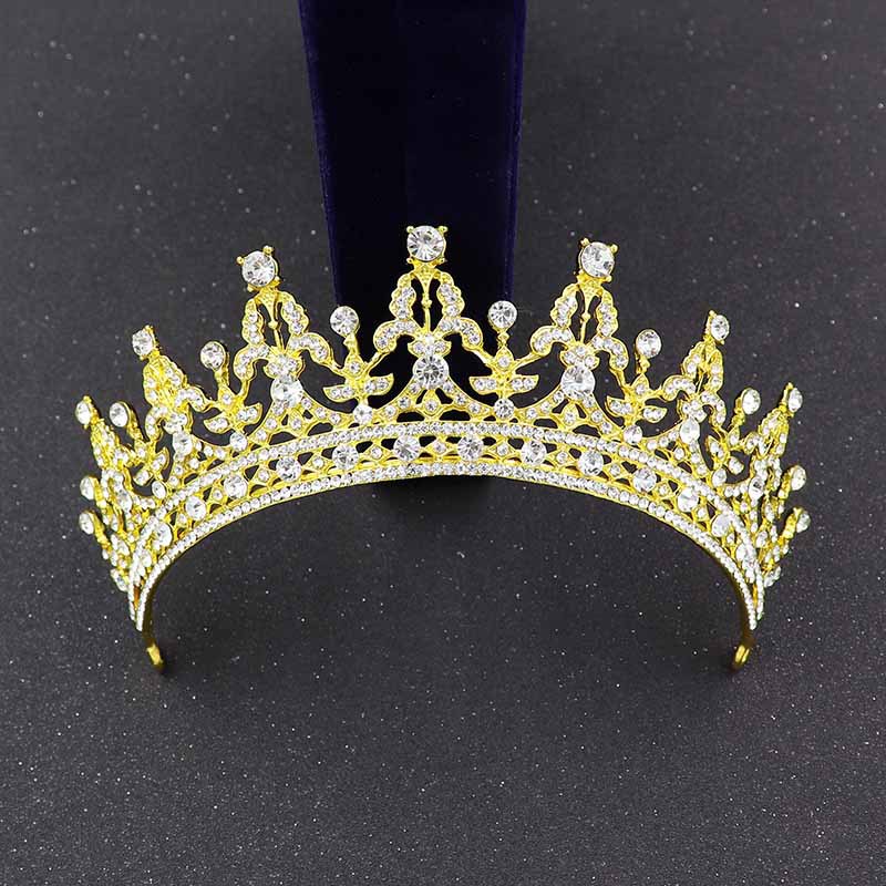 European Baroque Alloy Diamond Gold Crystal Crown Hair Ornament