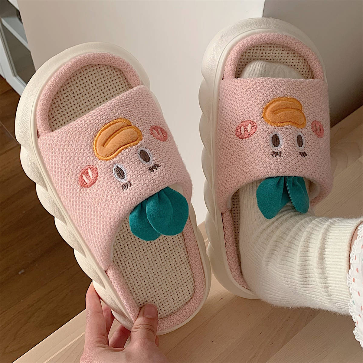 Home Cute Soft Thick Bottom Floor Cotton Linen Sandals Women
