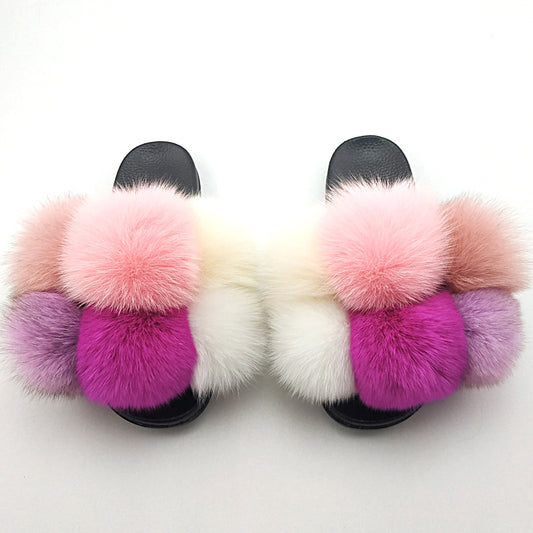 Fox Fur Ball Slippers For Outer Wear