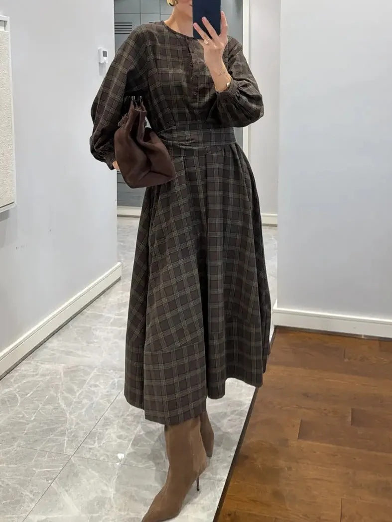 Plaid Digital Print Long-Sleeve Crew-Neck Dress