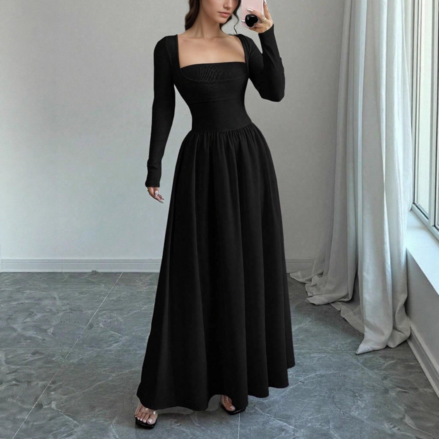 Womens Early Autumn Mock Two-Piece Square-Neck Long-Sleeve Dress