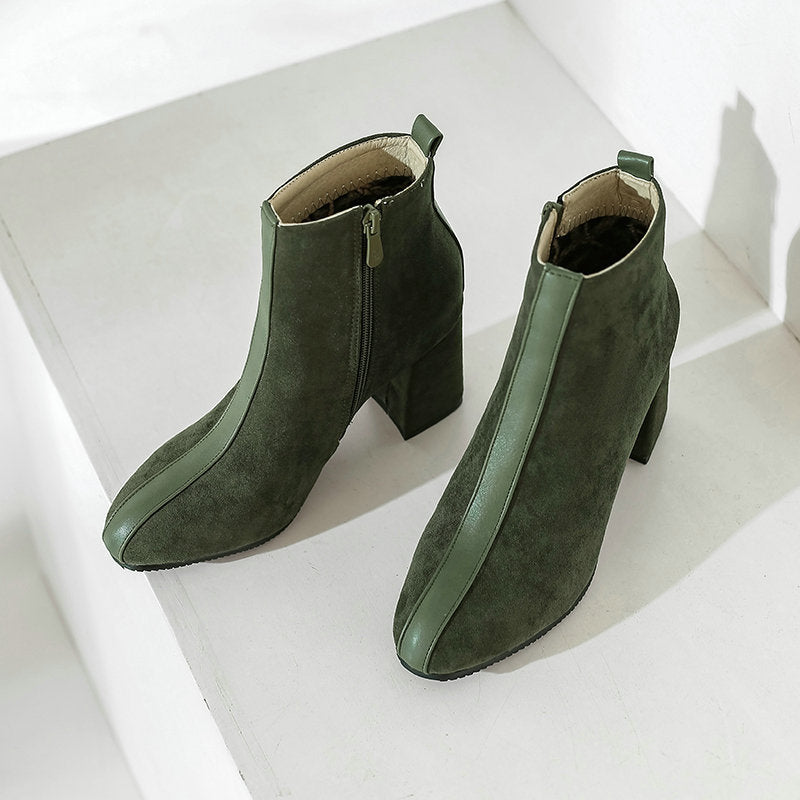 Women's Suede Martin Boots With Square Toe Block Heel
