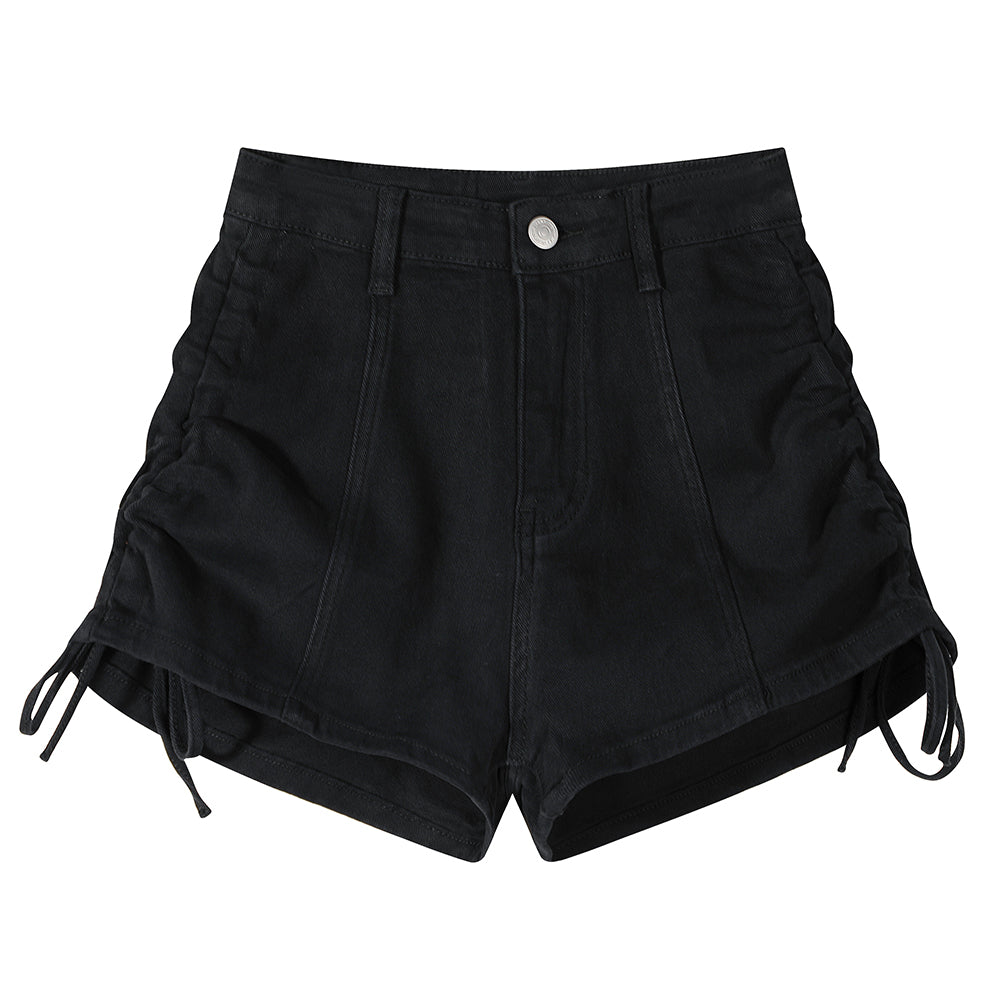 Denim Wide Leg Drawstring Design High Waisted Shorts