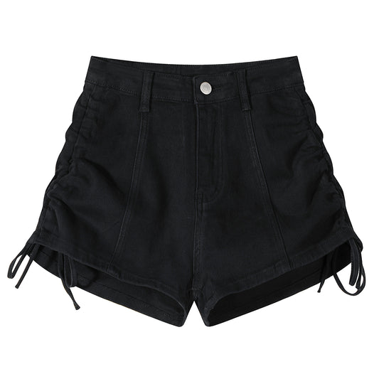 Denim Wide Leg Drawstring Design High Waisted Shorts