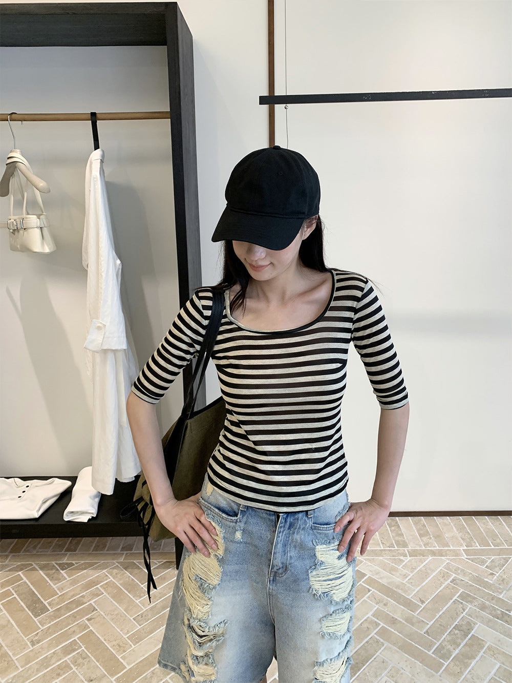 Sommer U-hals Stribet T-shirt Dame Elastisk Mid-ærme Top