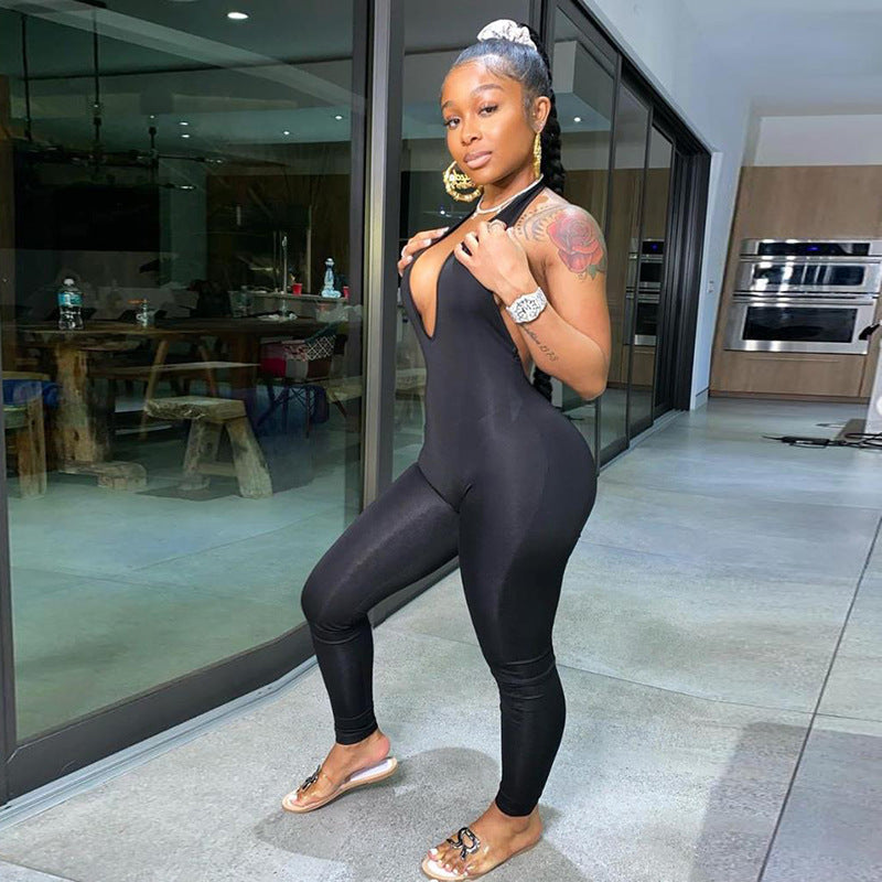Women's Fashion Backless Neckline V-neck Lifting Hip Sports Jumpsuit