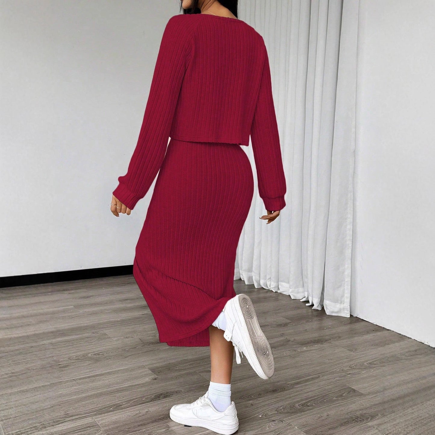 Hollowed-out Tube Top Sheath Dress With A Slit And Cardigan Jacket Set