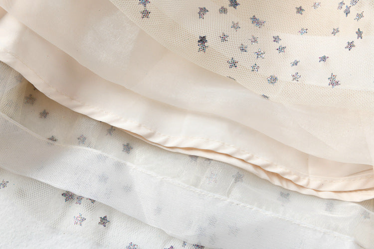 Women's Mesh Star Shiny Silk Print Waist Wrapping Slim Dress