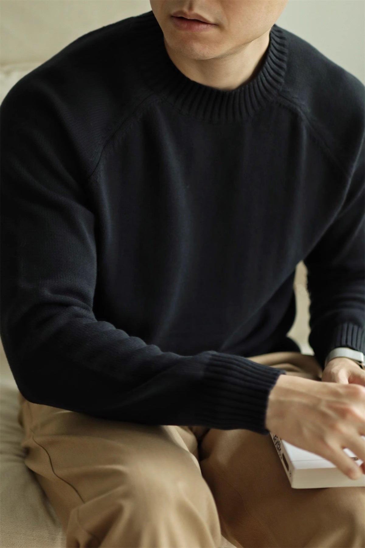 Langfibret bomuldssweater Sweater i bomuld med rund hals Pullover Retro Casual Sweater