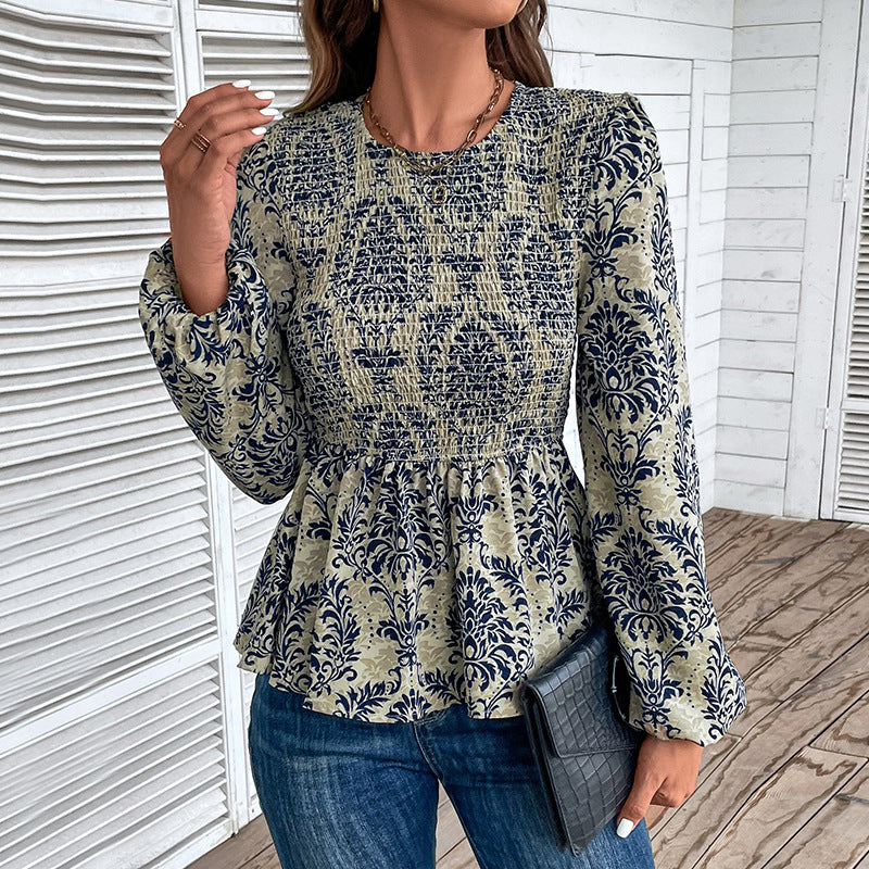 Dame Top Smock Detalje Slim Fit Rund Hals Lange Ærmer Printet