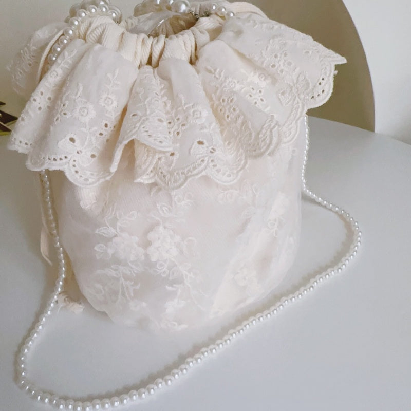 Lace With Beaded Chain Trim Bucket Bag Shoulder Bag
