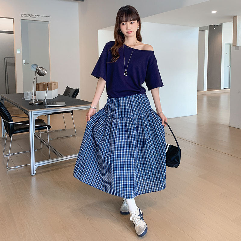 Blue Plaid High Waist Slim A-line Skirt