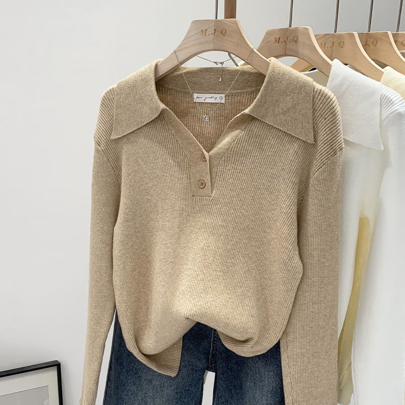 Polo Collar Button Base Long Sleeve Inner Wear Short Sweater Beautiful Top
