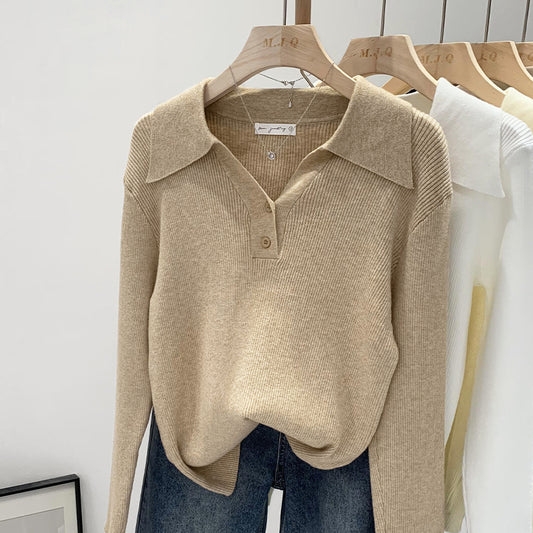 Polo Collar Button Base Long Sleeve Inner Wear Short Sweater Beautiful Top