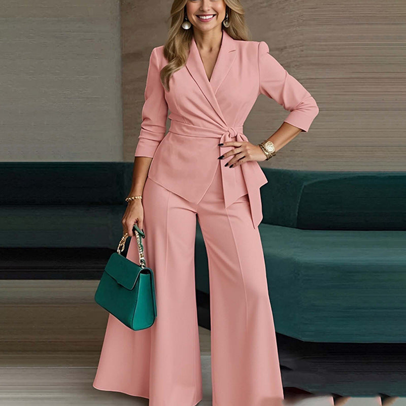 Long-Sleeve Casual Minimalist Pants With Lace-Up Top Two-Piece Set