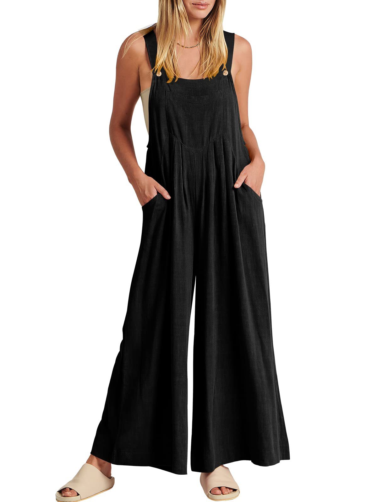 Women's Solid Color Loose Casual Cotton And Linen Suspender Jumpsuit