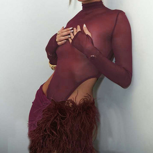 Womens Mesh Bodycon High-Neck Sheer Bodysuit With Slit Skirt Set