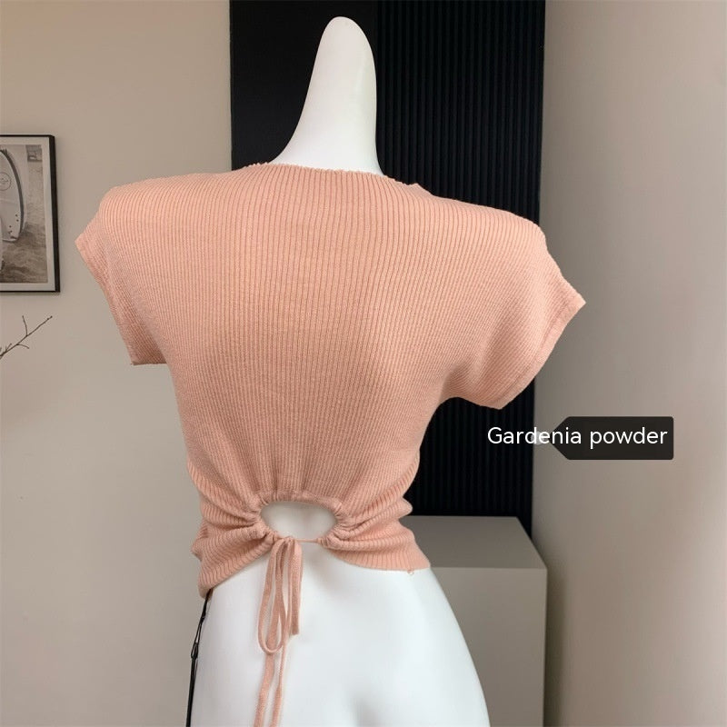 Back Strap Knitted Short-sleeved T-shirt Women's Slim-fit Short Knitted Top