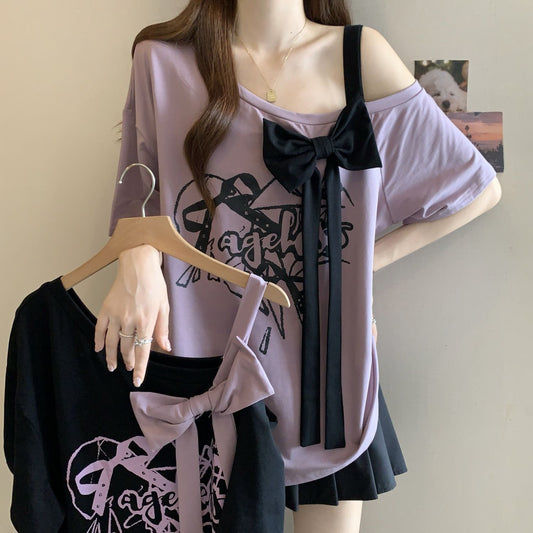 Large Size Three-dimensional Bow Off-the-shoulder Short Sleeve Summer New Loose