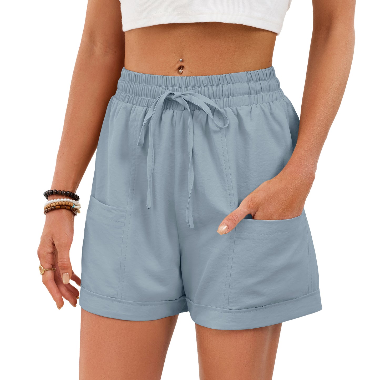 Solid-color Pocketed Drawstring Elastic-waist Loose-fitting Shorts For Women