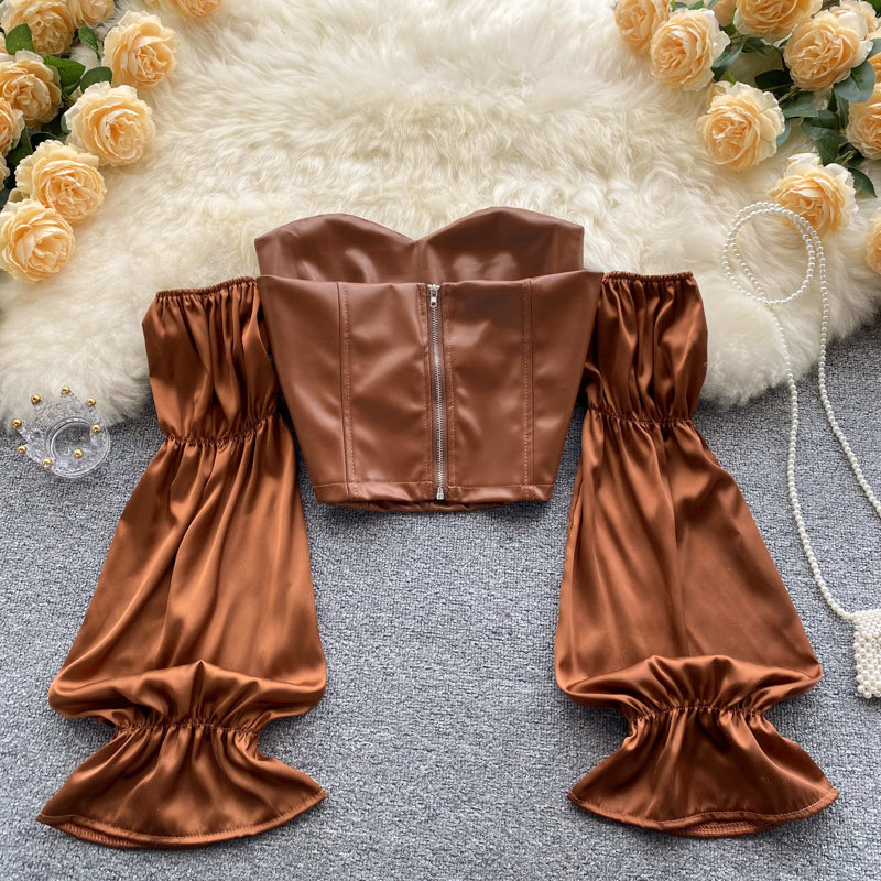 One-shoulder Leather Short Korean Style Top