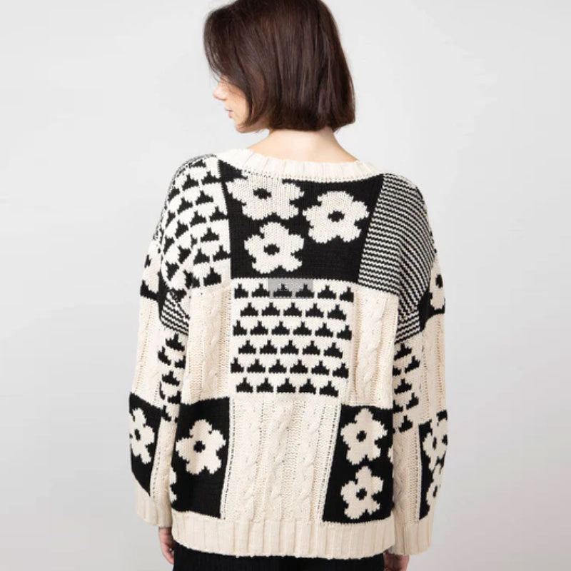 Square Flower Casual Loose Round Neck Pullover Sweater