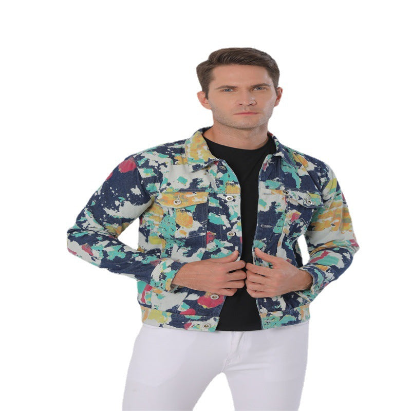 Lapel Denim Camouflage Hand-painted Floral Cloth Long Sleeve Non-elastic Denim Coat Jacket