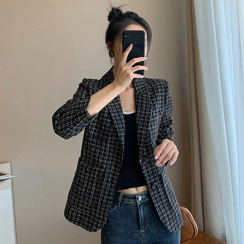 Ladies' New Plaid Suit Collar Wool Short Coat