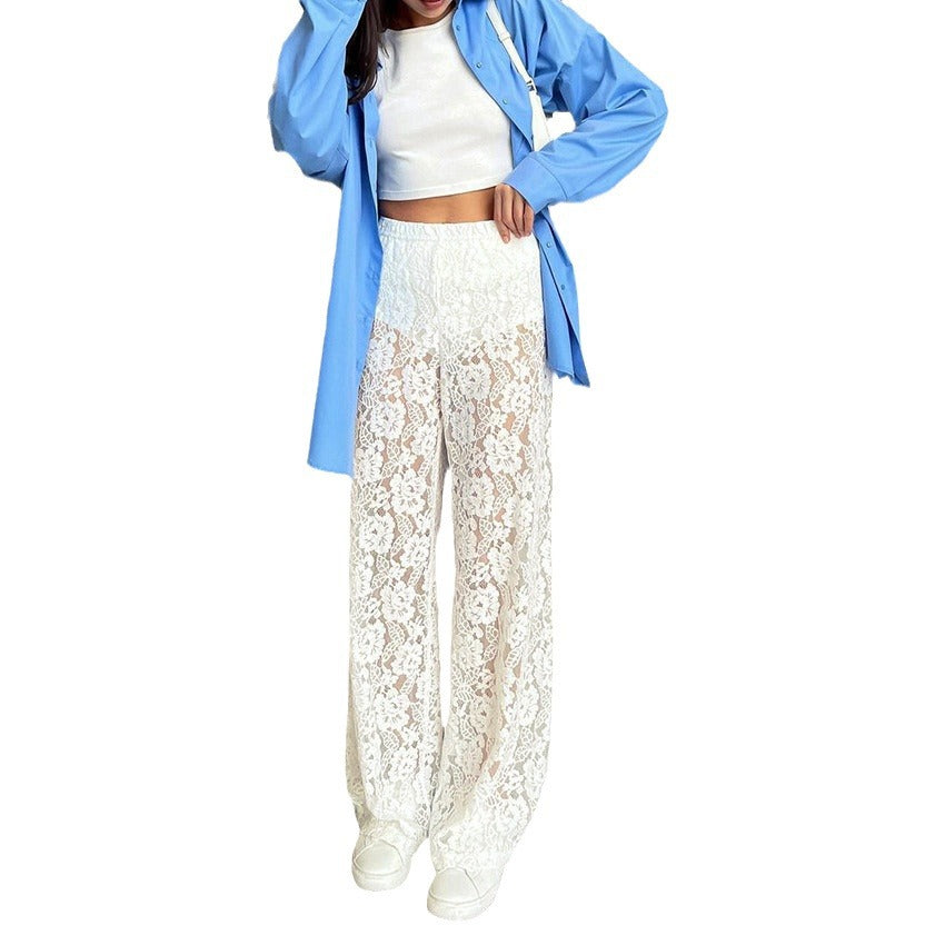 See-through Lace Women's Wide-leg Pants Hollow-out