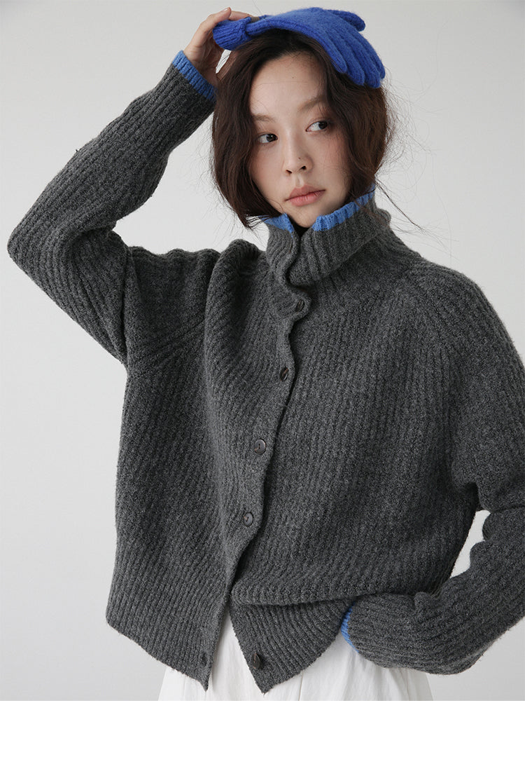 Color Blocking Collar Single Breasted Wool Knitted Cardigan Jacket