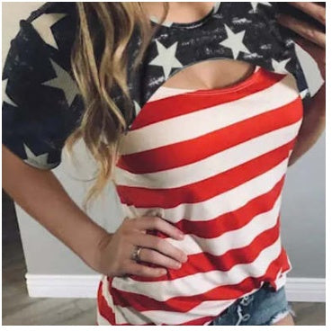 Printed Hollow Striped T-shirt Women's Simple All-match Round Neck Contrast Color Top