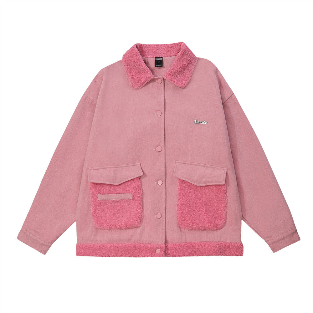 Contrast Color Pocket Stitching Lamb Wool Polo Collar Jacket