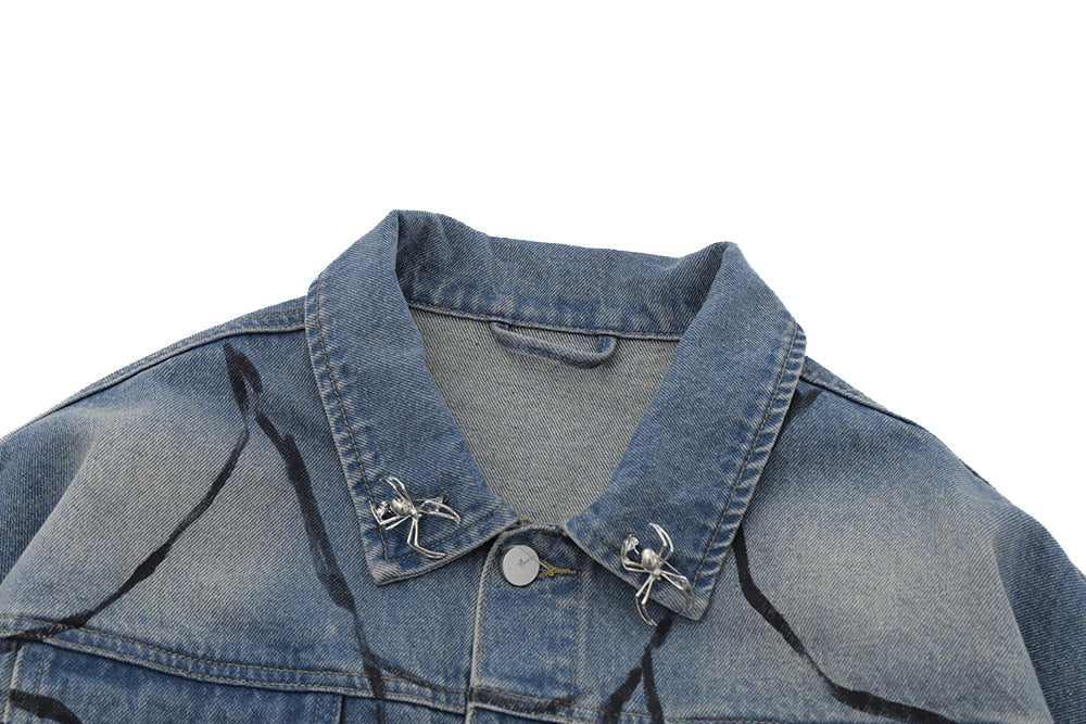 Spring And Autumn Jacket Men's Spider Web Printed Design Sense Niche High Street Washed And Worn Denim Coat