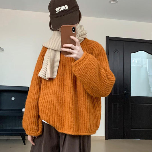 Korean Style Lazy Style Solid Color Curling Coarse Yarn Sweater For Women