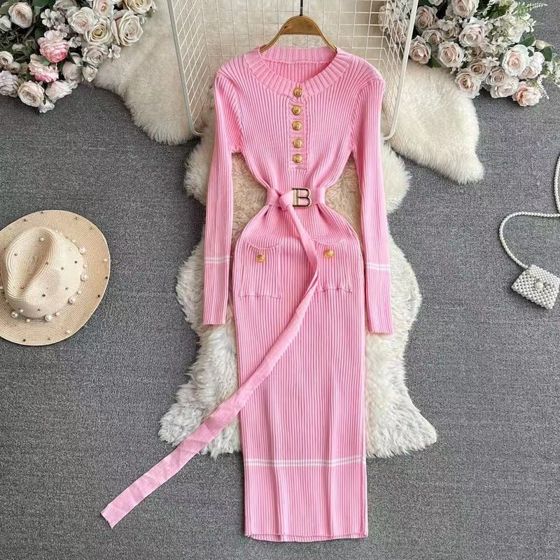 French-style Elegant Figure-flattering Crew-neck Dress