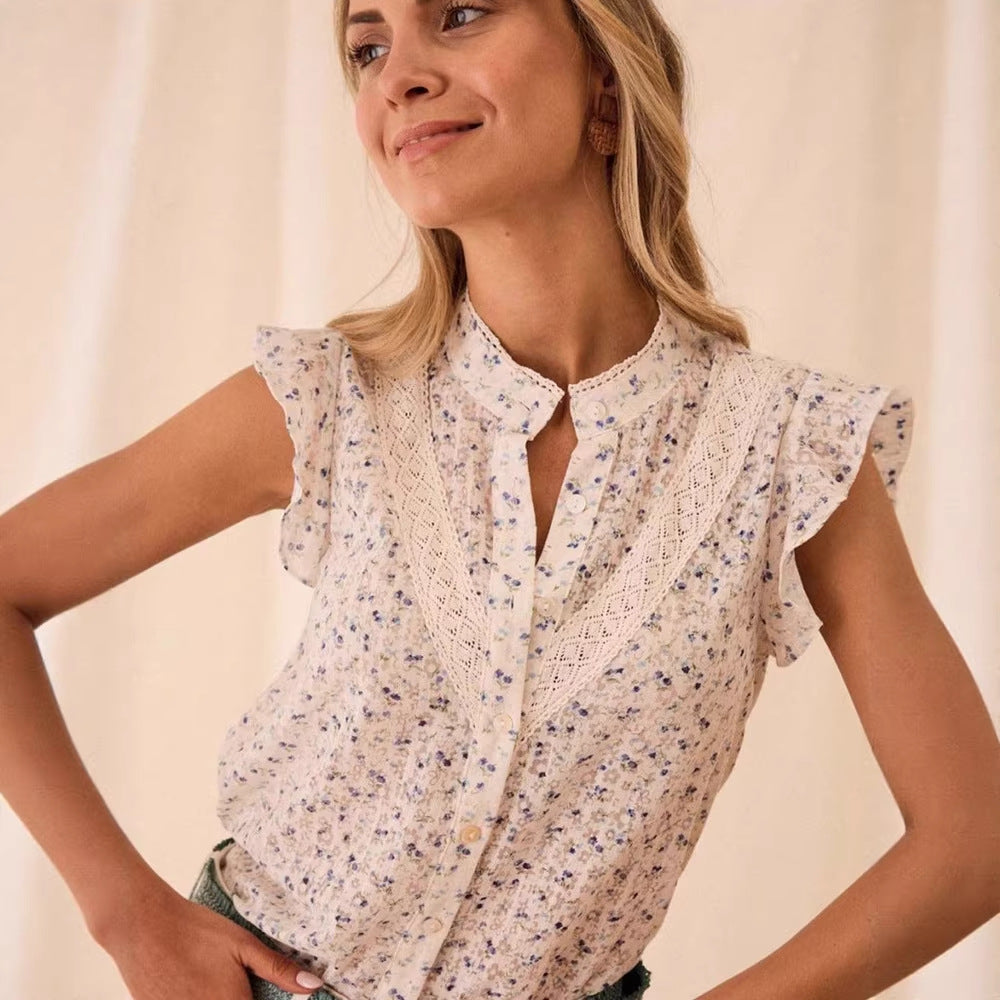 Womens Printed Floral Lace-Patchwork Cap Sleeve Shirt