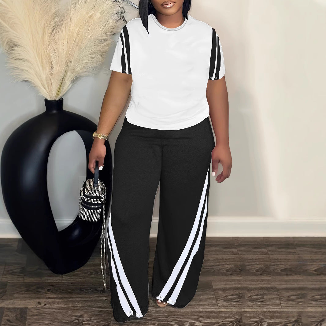 Plus-size Striped Printed Two-piece Set Crew-neck Short-sleeve Top And Pants