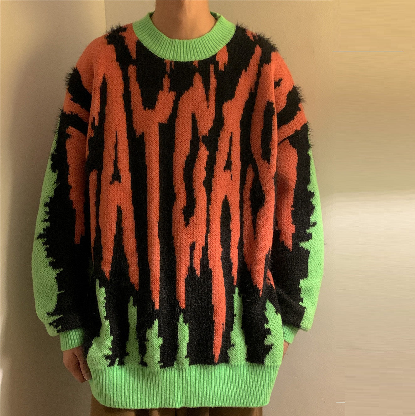 Splice Knit Thickened Crew Neck Loose Pullover Sweater