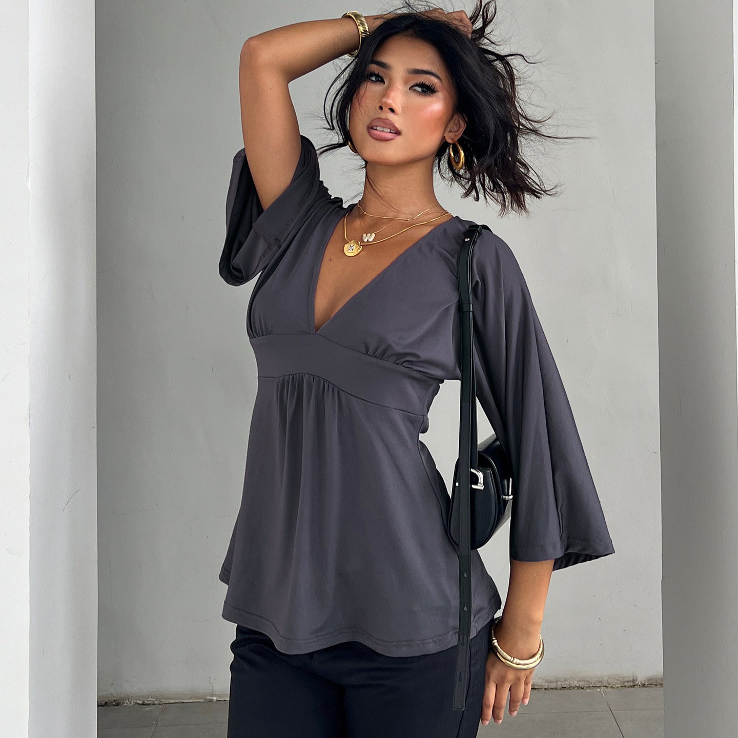 Sexy Deep V-neck Trumpet Mid-length Sleeve Top For Women