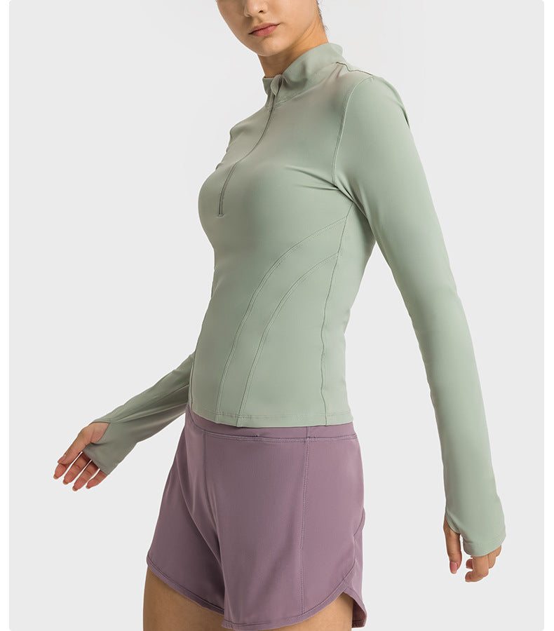Double-sided Nylon Half Zipped Stand Collar Yoga Jacket Women's Stretch Tight-fitting Cinched Slimming Sports Jacket