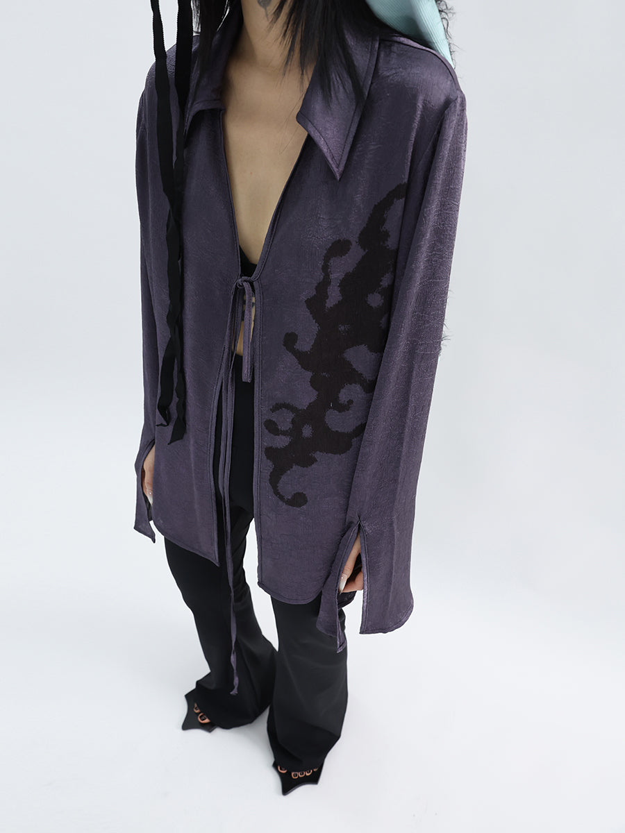 Pleated Satin Abstract Printing Vintage Lace-up Purple Shirt