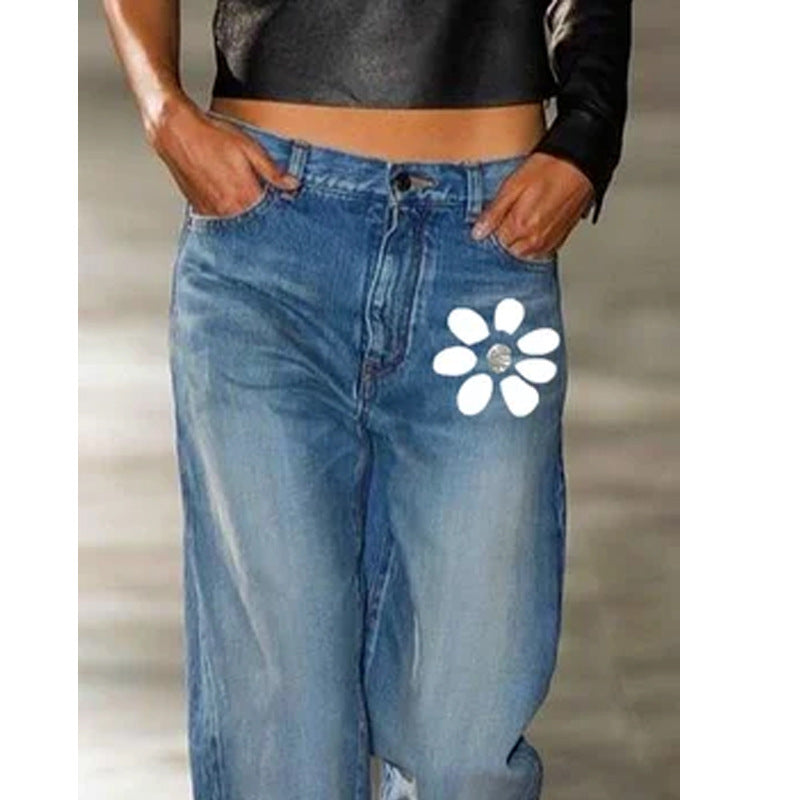 Top Straight Print Cut All-match Jeans