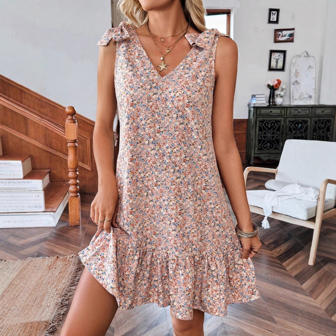 SpringSummer New V-Neck Bow-Knot Floral Tank Dress