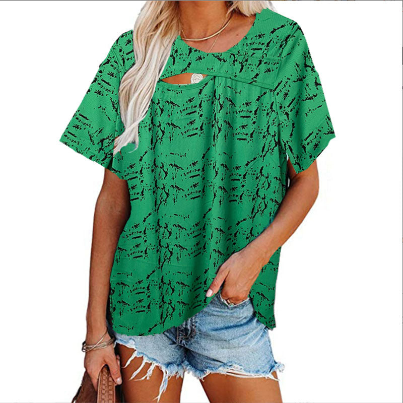 Hollow Crew Neck Casual Home Print Short Sleeves
