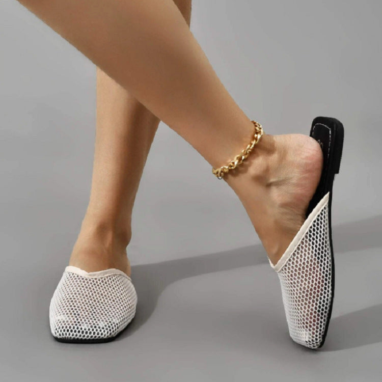 Mesh Flat Bottom Square Head Flip Flop Ladies Slippers