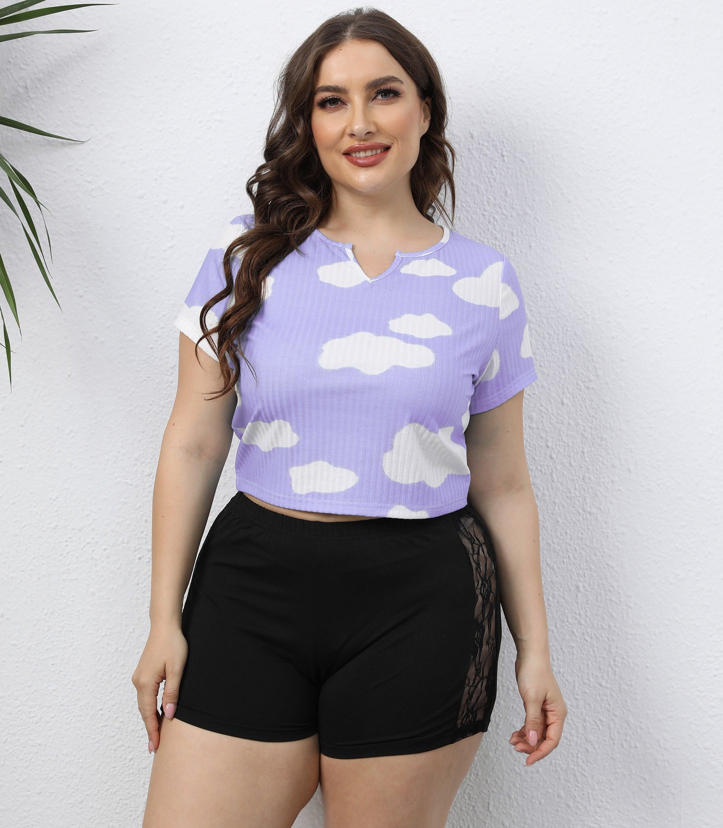 Plus-size Women's White Cloud Print Short Ribbed Top Casual Short Sleeve Crop T-shirt