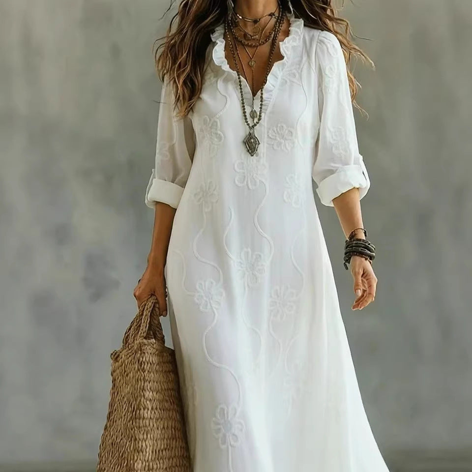 Fashionable Lace-Embroidered Cotton-Linen Long Dress