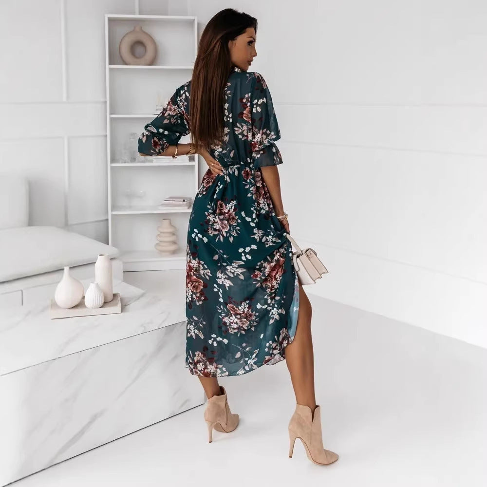 Fashionable Short-Sleeve V-Neck Chiffon Printed Dress